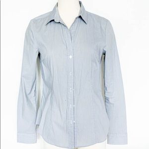 Button up blue and white shirt.